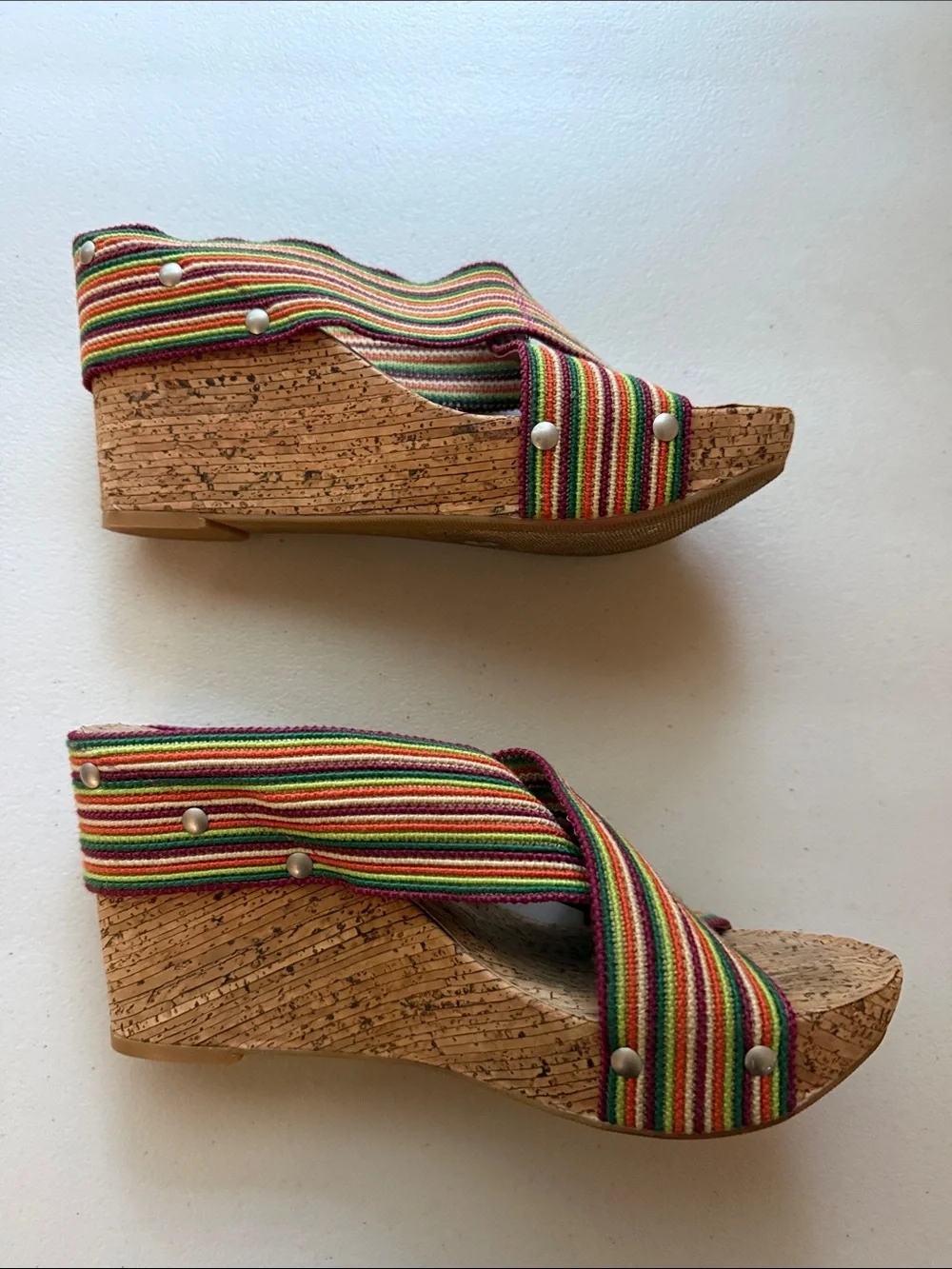 Lucky Brand Multicolor Striped Wedge Sandals with Pink Trim